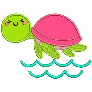 Cute Little Turtle With Waves Applique Machine Embroidery Design Digitized Pattern